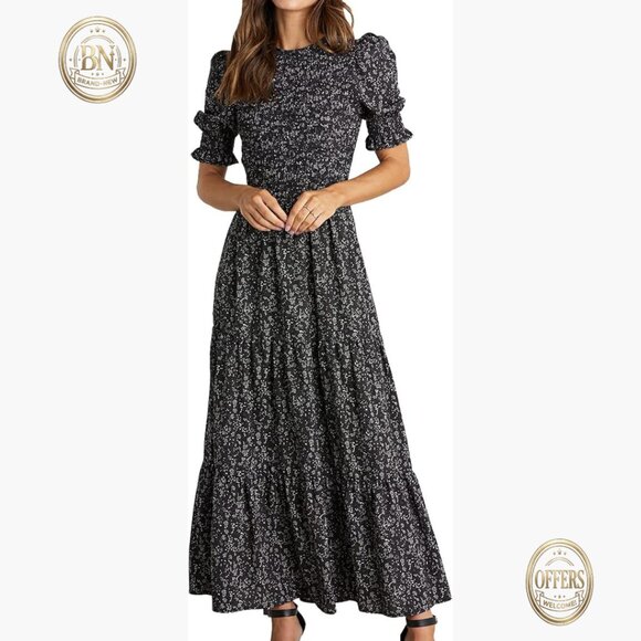 Polyester Elastane Maxi Dress Crew Neck Short Sleeve Smocked Boho